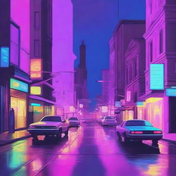 Create a digital painting for lofi music of a melancholy nighttime city intersection bathed in the soft glow of neon lights