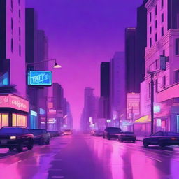 Create a digital painting for lofi music of a melancholy nighttime city intersection bathed in the soft glow of neon lights