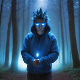 A cartoon image of a spiky-haired guy in a hoodie, wearing blue glasses and a mask, brandishing a sword in a forest aglow with a mystical bluish light