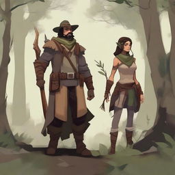 A human ranger and druid standing together in a lush forest