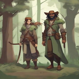 A human ranger and druid standing together in a lush forest