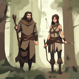 A human ranger and druid standing together in a lush forest