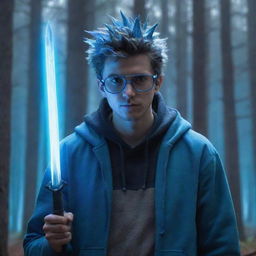 A cartoon image of a spiky-haired guy in a hoodie, wearing blue glasses and a mask, brandishing a sword in a forest aglow with a mystical bluish light