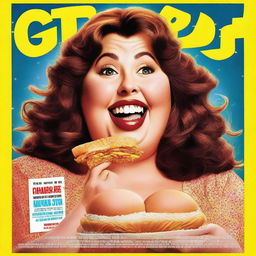 A movie poster featuring a large woman with small eyes, a small nose, and a large double chin