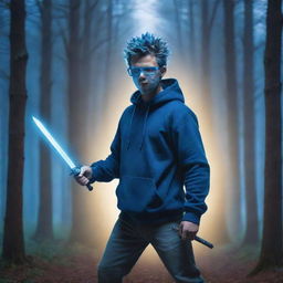 A cartoon image of a spiky-haired guy in a hoodie, wearing blue glasses and a mask, brandishing a sword in a forest aglow with a mystical bluish light