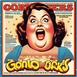 A movie poster featuring a large woman with small eyes, a small nose, and a large double chin