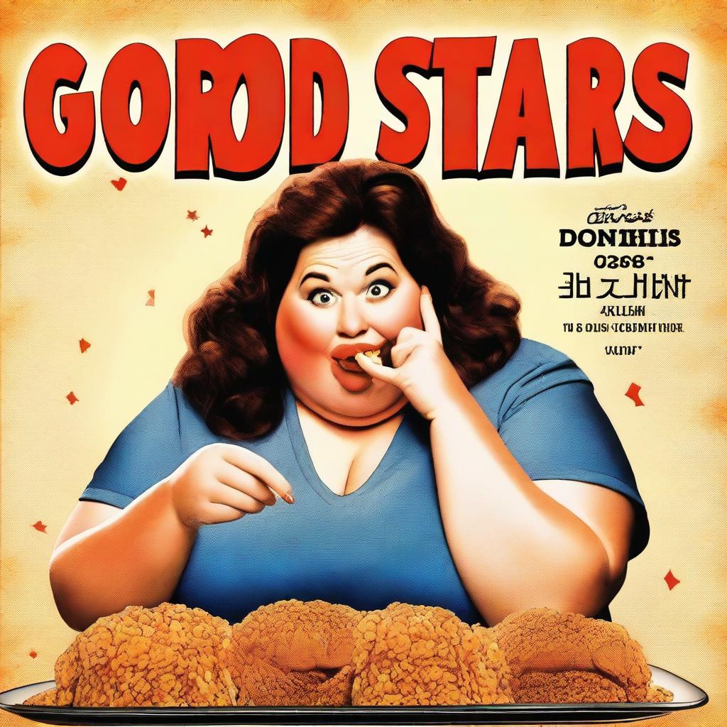 A movie poster featuring a large woman with small eyes, a small nose, and a large double chin