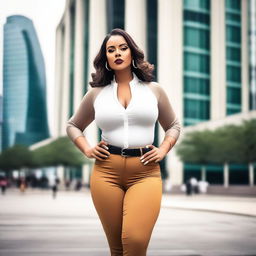 A confident and stylish woman standing in a fashionable urban setting