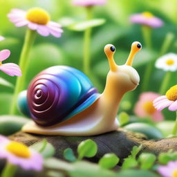 Emilia, an adorable snail with a gleaming shell, stretches out and greets the day