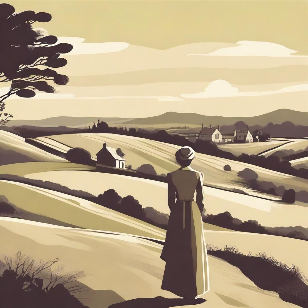 A simple vector image of a British landscape featuring rolling hills, a quaint village in the distance, and a woman in Victorian clothes standing gracefully