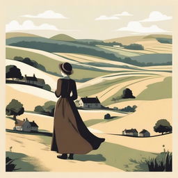 A simple vector image of a British landscape featuring rolling hills, a quaint village in the distance, and a woman in Victorian clothes standing gracefully