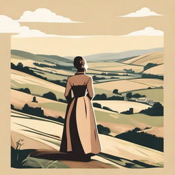 A simple vector image of a British landscape featuring rolling hills, a quaint village in the distance, and a woman in Victorian clothes standing gracefully