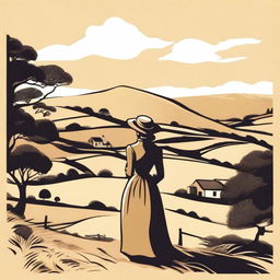 A simple vector image of a British landscape featuring rolling hills, a quaint village in the distance, and a woman in Victorian clothes standing gracefully