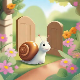 Illustration of Emilia, an adorable snail with a gleaming shell, looking determined and curious as she sets off on her journey