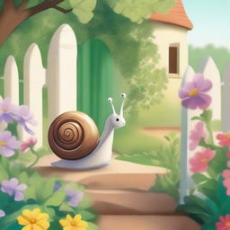 Illustration of Emilia, an adorable snail with a gleaming shell, looking determined and curious as she sets off on her journey