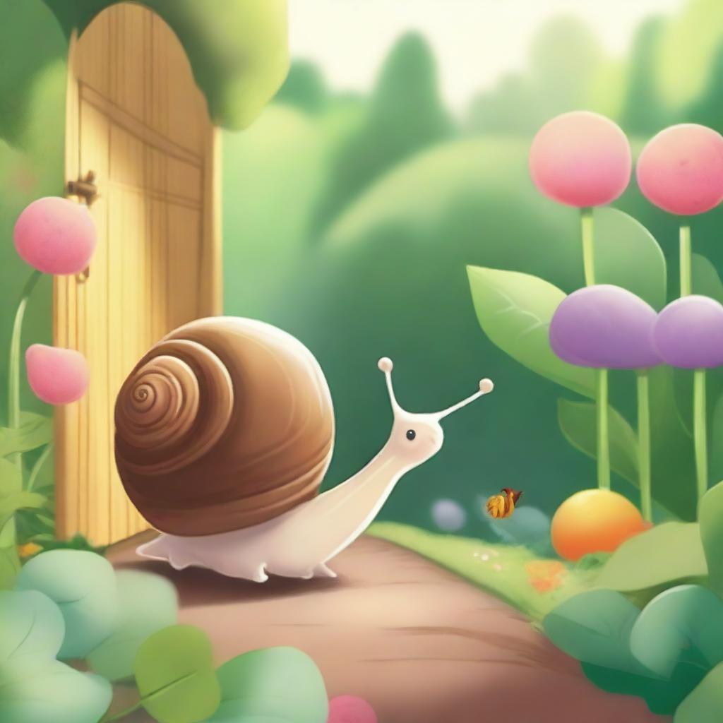 Illustration of Emilia, an adorable snail with a gleaming shell, looking determined and curious as she sets off on her journey