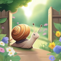 Illustration of Emilia, an adorable snail with a gleaming shell, looking determined and curious as she sets off on her journey