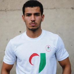 A strong and powerful guardian angel wearing a t-shirt of the Algerian national team.