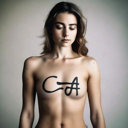 A beautiful female with C4 written on her body with a black sharpie