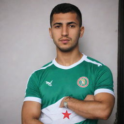 A strong and powerful guardian angel wearing a t-shirt of the Algerian national team.