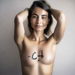 A beautiful female with C4 written on her body with a black sharpie