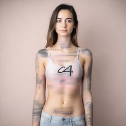 A beautiful female with C4 written on her body with a black sharpie