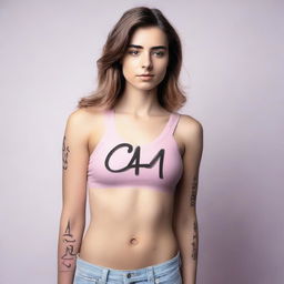 A beautiful female with C4 written on her body with a black sharpie