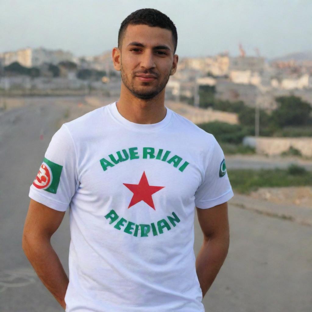 A strong and powerful guardian angel wearing a t-shirt of the Algerian national team.