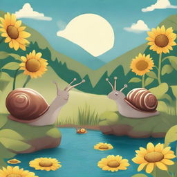 Illustration of Sammy and Emilia, two adorable snails, making their way past towering sunflowers and playful worms