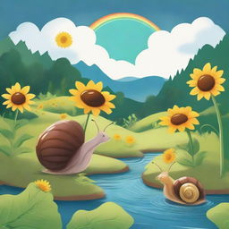 Illustration of Sammy and Emilia, two adorable snails, making their way past towering sunflowers and playful worms