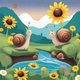 Illustration of Sammy and Emilia, two adorable snails, making their way past towering sunflowers and playful worms