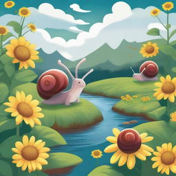 Illustration of Sammy and Emilia, two adorable snails, making their way past towering sunflowers and playful worms