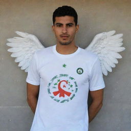 A strong and powerful guardian angel wearing a t-shirt of the Algerian national team.