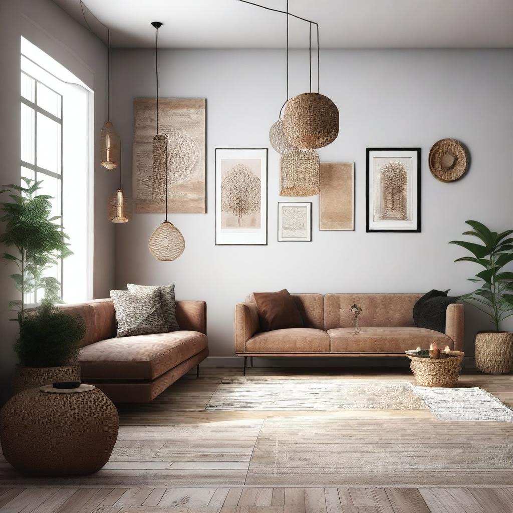 A visualization of a room with various decorations, showcasing different interior design styles