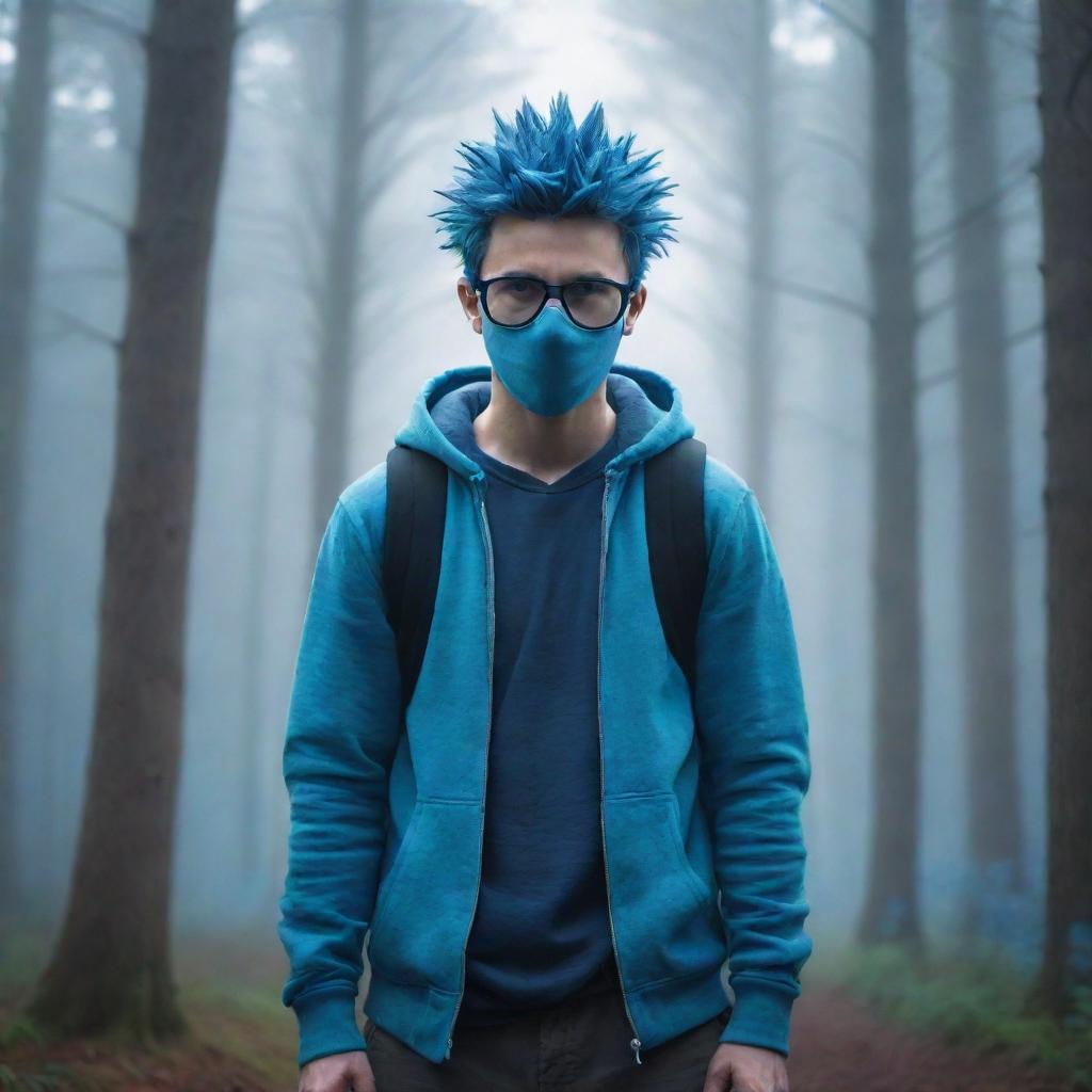 Cartoon-style image of a spiky-haired guy wearing a hoodie, blue glasses and a mask, with a sword slung across his back, standing in a forest bathed in a dreamlike bluish light