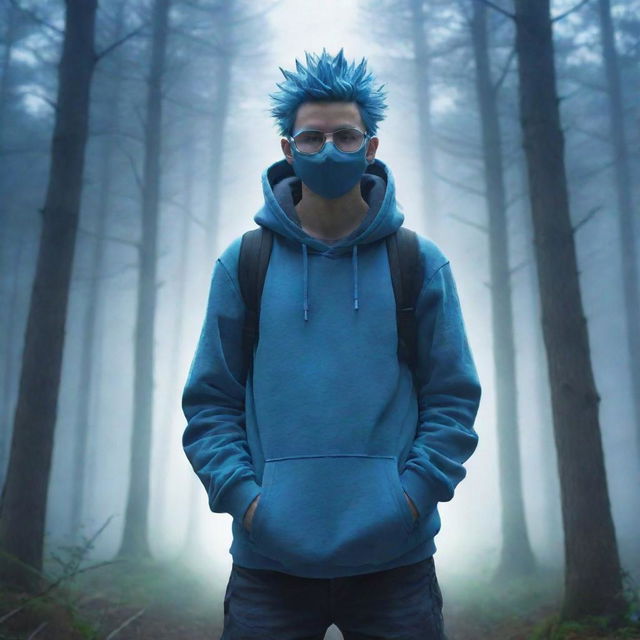 Cartoon-style image of a spiky-haired guy wearing a hoodie, blue glasses and a mask, with a sword slung across his back, standing in a forest bathed in a dreamlike bluish light