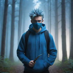 Cartoon-style image of a spiky-haired guy wearing a hoodie, blue glasses and a mask, with a sword slung across his back, standing in a forest bathed in a dreamlike bluish light