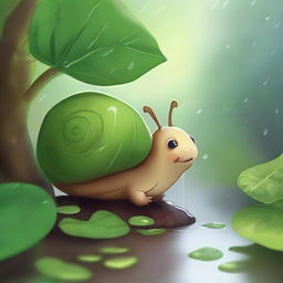 Underneath a leafy bush, Emilia, an adorable snail, waited patiently as the rain fell gently around her