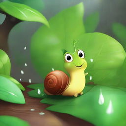 Underneath a leafy bush, Emilia, an adorable snail, waited patiently as the rain fell gently around her