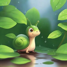 Underneath a leafy bush, Emilia, an adorable snail, waited patiently as the rain fell gently around her