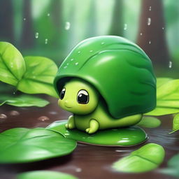 Underneath a leafy bush, Emilia, an adorable snail, waited patiently as the rain fell gently around her