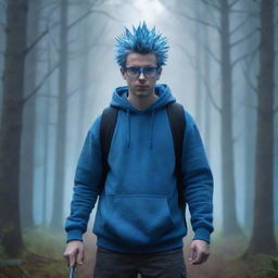 Cartoon-style image of a spiky-haired guy wearing a hoodie, blue glasses and a mask, with a sword slung across his back, standing in a forest bathed in a dreamlike bluish light