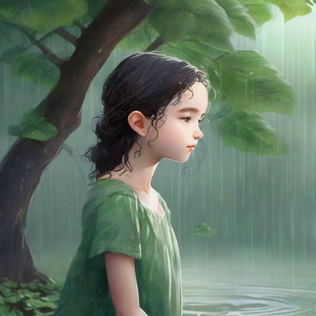 Emilia patiently waited under a leafy bush, listening to the pattering of raindrops around her