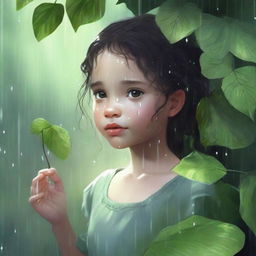 Emilia patiently waited under a leafy bush, listening to the pattering of raindrops around her