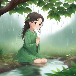 Emilia patiently waited under a leafy bush, listening to the pattering of raindrops around her