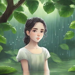 Emilia patiently waited under a leafy bush, listening to the pattering of raindrops around her