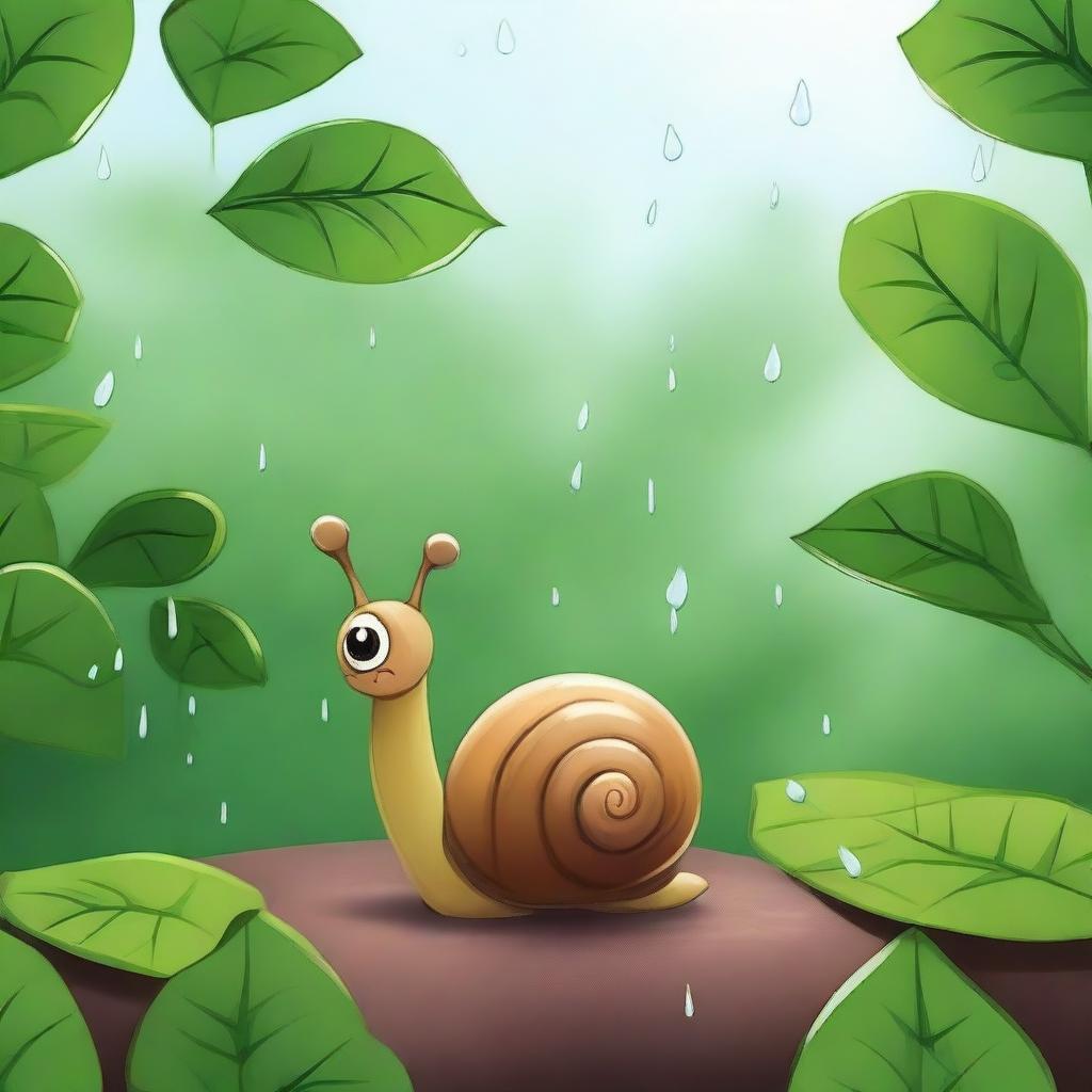 Emilia, an adorable snail, patiently waited under a leafy bush, listening to the pattering of raindrops around her