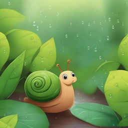 Emilia, an adorable snail, patiently waited under a leafy bush, listening to the pattering of raindrops around her