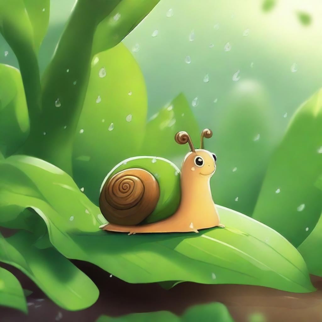 Emilia, an adorable snail, patiently waited under a leafy bush, listening to the pattering of raindrops around her