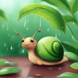 Emilia, an adorable snail, patiently waited under a leafy bush, listening to the pattering of raindrops around her